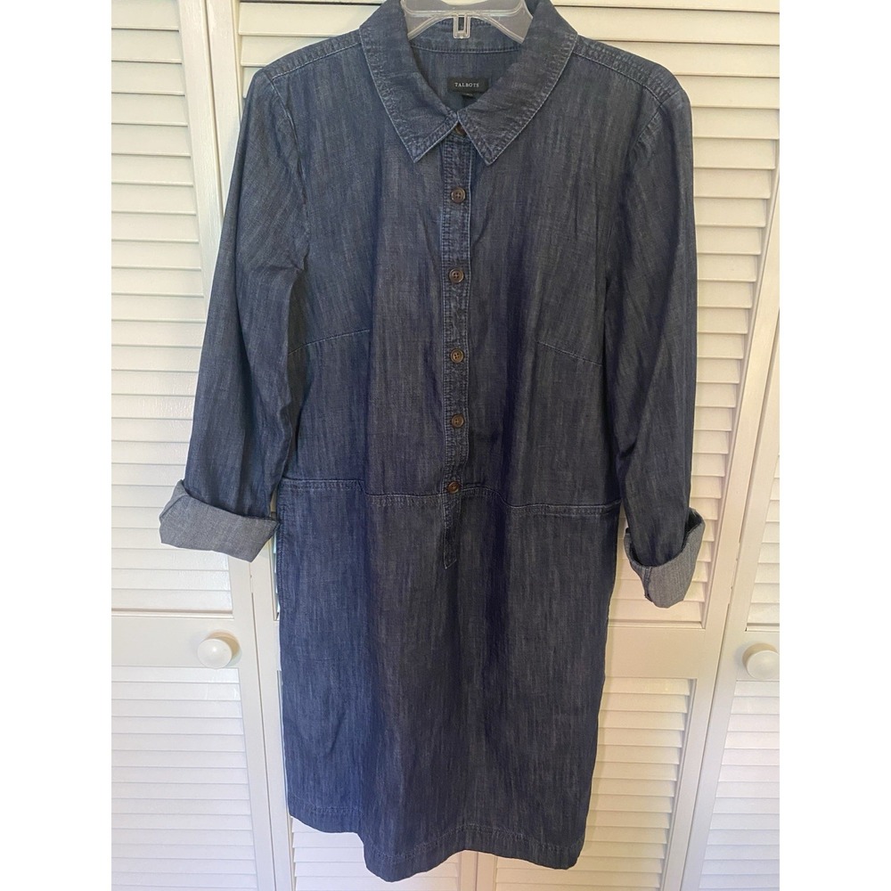 Talbots Denim Shirt Dress Size 10 100% Cotton Chambray Midi Dress Quiet Luxury - Picture 2 of 9